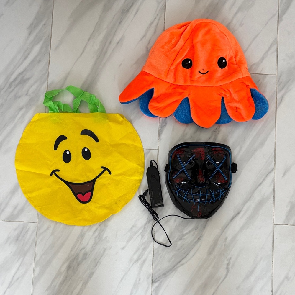 Halloween Orange Octopus Hat and Smiley Face Bag Set